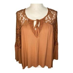 American Eagle Outfitters Women’s Medium Brown/Rust Bell Sleeve Lace Detail Top